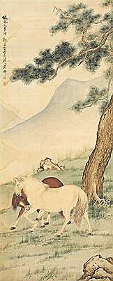 TWO HORSES UNDER PINE TREE
