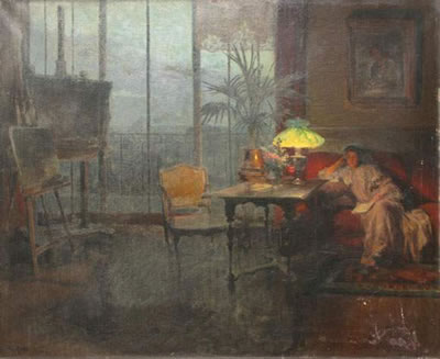 A l'atelier, lecture sous la lampe