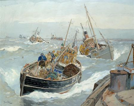 Fishermen on trawlers bringing their catch into a harbour