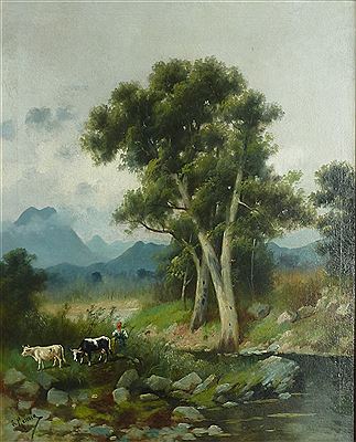 Figure with cows in a riverside landscape by Salvatore Maresca - Auction record, sale price, and art valuation. Compare with similar artists and explore comparable artworks.