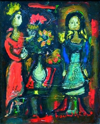 Personnages et bouquet de fleurs