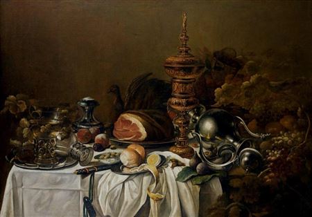 Nature morte aux pièces d'orfèvrerie, au rohmer et aux fruits