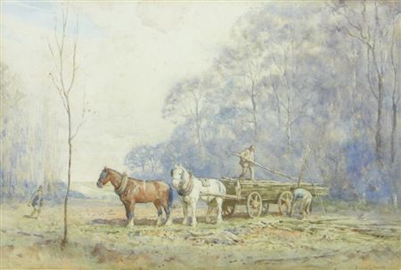 Farm workers loading a horse drawn timber wagon by Ernest G Beach - Auction record, sale price, and art valuation. Compare with similar artists and explore comparable artworks.