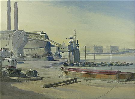 Thames Docklands scene by Jack Pountney - Auction record, sale price, and art valuation. Compare with similar artists and explore comparable artworks.