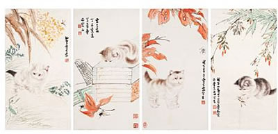 Set of four cats paintings
