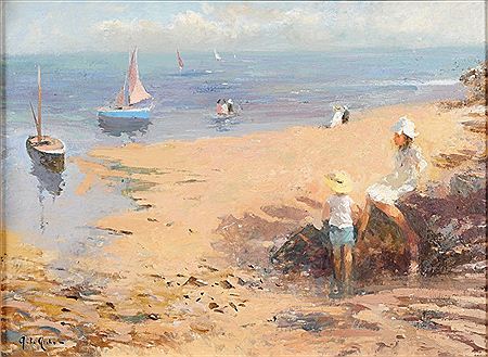 Children and figures on a beach