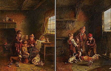 Cottage interior with three boys; Stable interior with three boys, a cock bird and dogs (2)