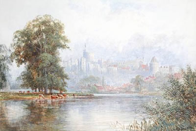 Windsor castle from the river with cattle in the foreground