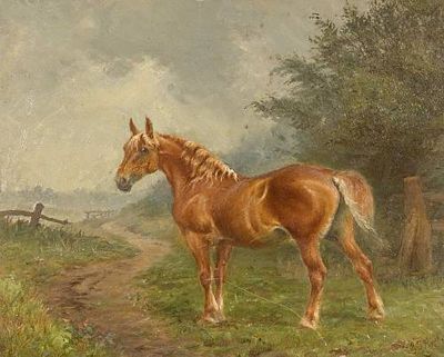 Chestnut pony in a landscape
