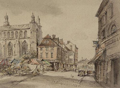 Market stalls before St Peter Mancroft, Norwich