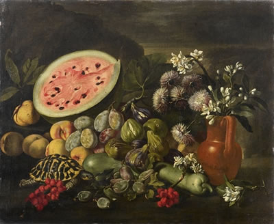 Pesche, un'anguria aperta, una tartaruga, sorbe, susine, fichi, una zucca, e crisantemi e zagare in una brocca di terracotta; eGarofani in un vaso di maiolica, mele, uve e un cardo su una roccia, in un paesaggio agreste by Giuseppe Ruoppolo - Auction record, sale price, and art valuation. Compare with similar artists and explore comparable artworks.