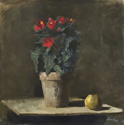 Vaso di fiori rossi con frutto su un piano in interno