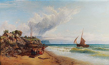 FISHERMAN`S FAMILY ON THE BEACH by John Mogford - Auction record, sale price, and art valuation. Compare with similar artists and explore comparable artworks.