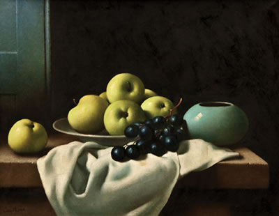 Still Life with Apples, Grapes and Blue Vase by Christopher Cawthorn - Auction record, sale price, and art valuation. Compare with similar artists and explore comparable artworks.