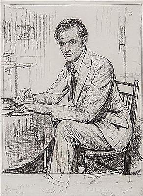 Stephen, woodcutting, seated portrait of the artist Stephen Bone