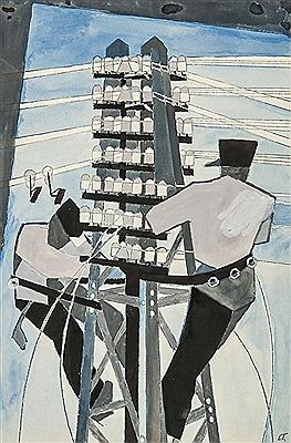 Sample artwork by Lill Tschudi (1911 - 2004), known for linocuts, high color, motion themed printmaking, futurism, sports, textile design - View similar artists and auction records