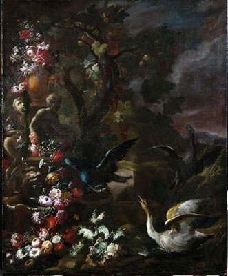 Fontana con sculture classiche e vaso con cascate di fiori, albero di fichi e tralci d'uva con aironi in volo