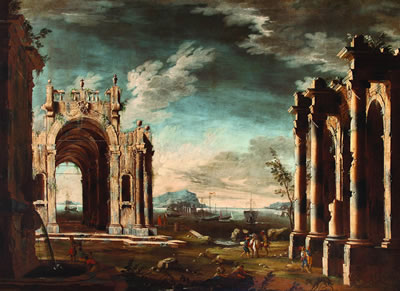 Sample artwork by Leonardo Coccorante (1680 - 1750), known for classical style nocturnal landscape painting-architectural ruins - View similar artists and auction records