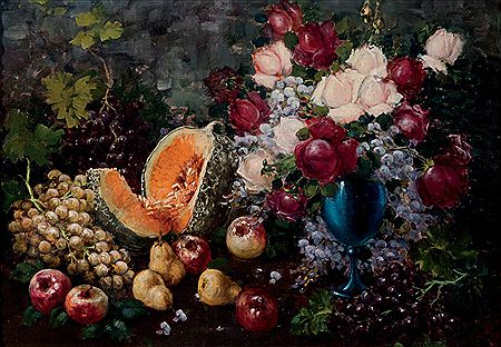 Frutta, rose e un calice di vetro