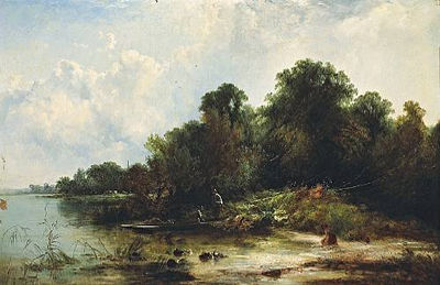 A RIVER SCENE WITH FIGURES FISHING