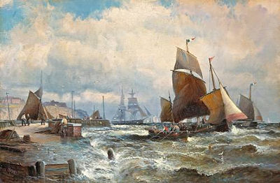 SHIPPING OFF A PIER IN A STIFF BREEZE