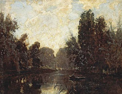 A RIVER LANDSCAPE WITH A FIGURE IN A ROWBOAT