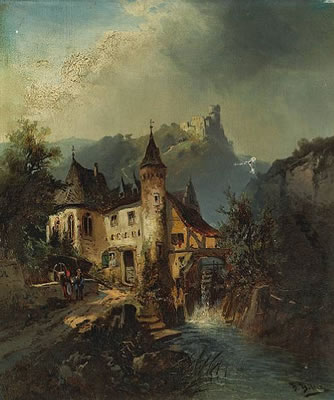 A coastal scene with a moored boat in the foreground; also a companion painting (a pair)