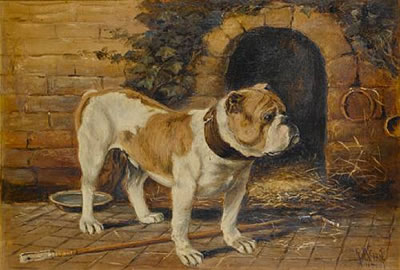 BULL DOG BY A KENNEL
