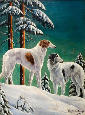 TWO BORZOIS IN A LANDSCAPE
