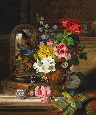A still life with pelargoniums, roses and other flowers in a terracotta urn, songbirds in a glass dome, books and a carpet, all resting on a table