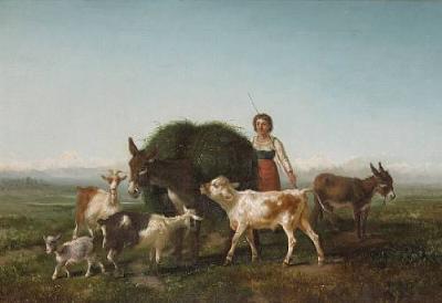 An extensive Italianate landscape with a young girl with her farm animals in the foreground; also a companion painting (a pair)