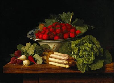 A still life with strawberries in a bowl and radishes, asparagus and a head of lettuce resting on a wooden table