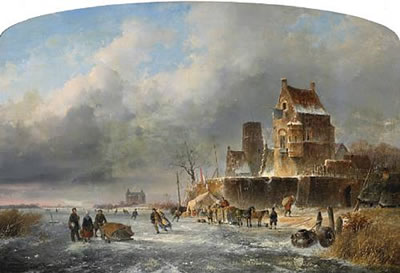 A frozen river scene with figures skating