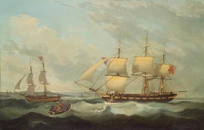 A British Man o' War offshore with other shipping