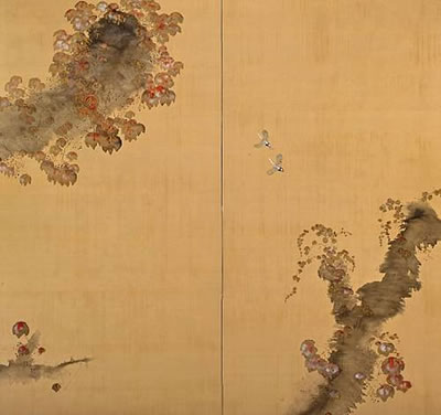 Sparrows, myna and ivy--2 panel screens