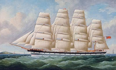 The British four-master Vanduara at sea under full sail