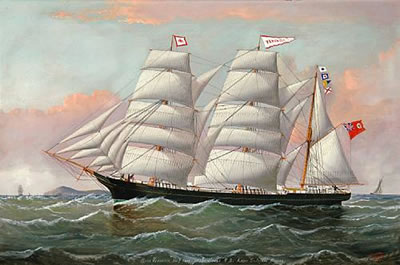 The British bark Veronica under plain sail off the South Stack lighthouse, Anglesey, North Wales, 1884