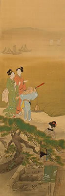 Hanging scroll depicting beauties with a boy holding a telescope