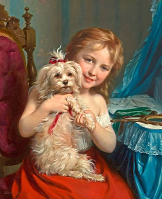 A young girl with a bichon frisé