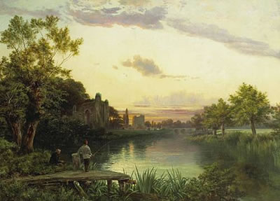 Anglers at sunset by the ruins of an abbey with a village beyond by Joseph Paul Pettitt - Auction record, sale price, and art valuation. Compare with similar artists and explore comparable artworks.