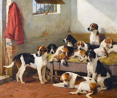 Hounds on a bench in a kennel