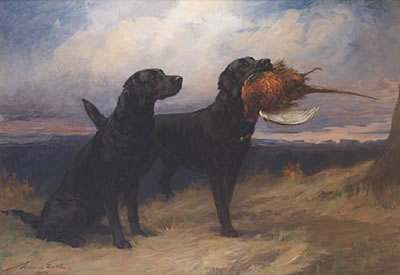 Portrait of the Black Labrador 'Peter of Faskally' holding a cock pheasant, with his mate 'Dungavel Jet' in a landscape by Maud Earl - Auction record, sale price, and art valuation. Compare with similar artists and explore comparable artworks.