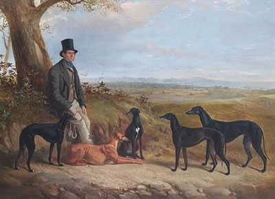 Portrait of a gentleman with five Greyhounds in a landscape