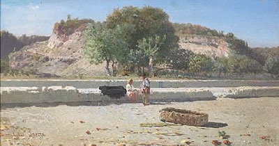 A summer day in the Italian campagna with two figures resting by the roadside
