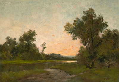 A river landscape at sunset