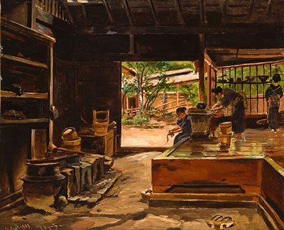 Interior of a Japanese kitchen at Kikonya-Shisendyi, Idzu Province, Japan