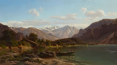 An alpine lake with figures in a boat in the foreground