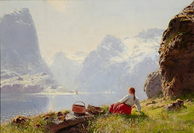 An extensive fjord view with a girl resting on the shore in the foreground by Hans Andreas Dahl - Auction record, sale price, and art valuation. Compare with similar artists and explore comparable artworks.