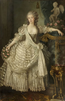 A portrait of a lady in white, full-length, holding a crown of roses in her right hand, her left arm resting on an altar to love