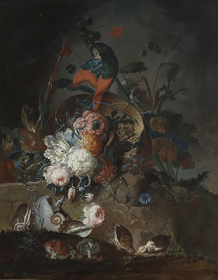 A still life with flowers and a parrot perched on a basket, with seashells, mushrooms and two quail on a rocky ledge